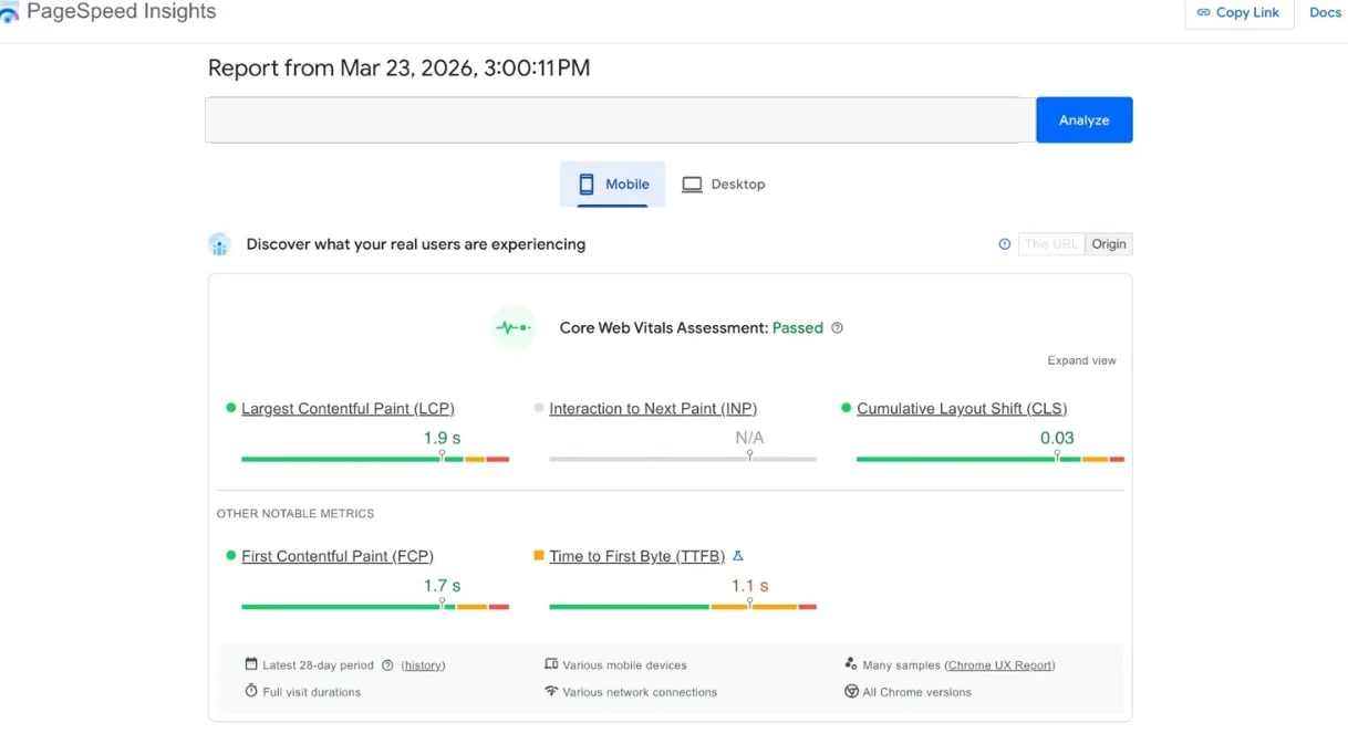 PageSpeed Insights field data showing Core Web Vitals passing with warm cached load