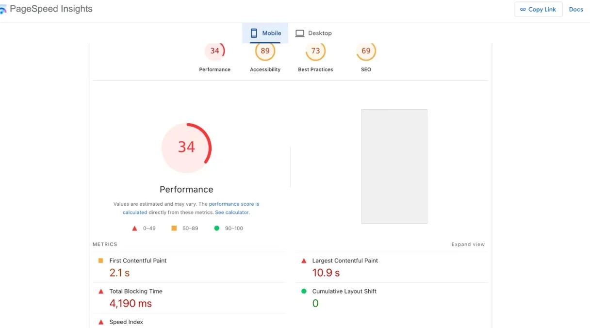 PageSpeed Insights lab data showing 34 performance score and 10.9 second LCP on cold load